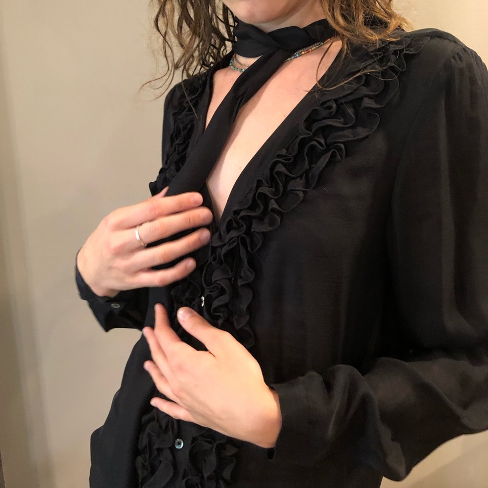 Black Silk Le Ruffle Tie Front Blouse